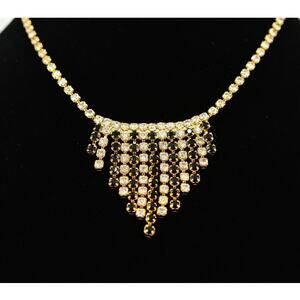 Vintage Crystal Collar Necklace Prong Rhinestone Black Gold Tone Sparkling BinP